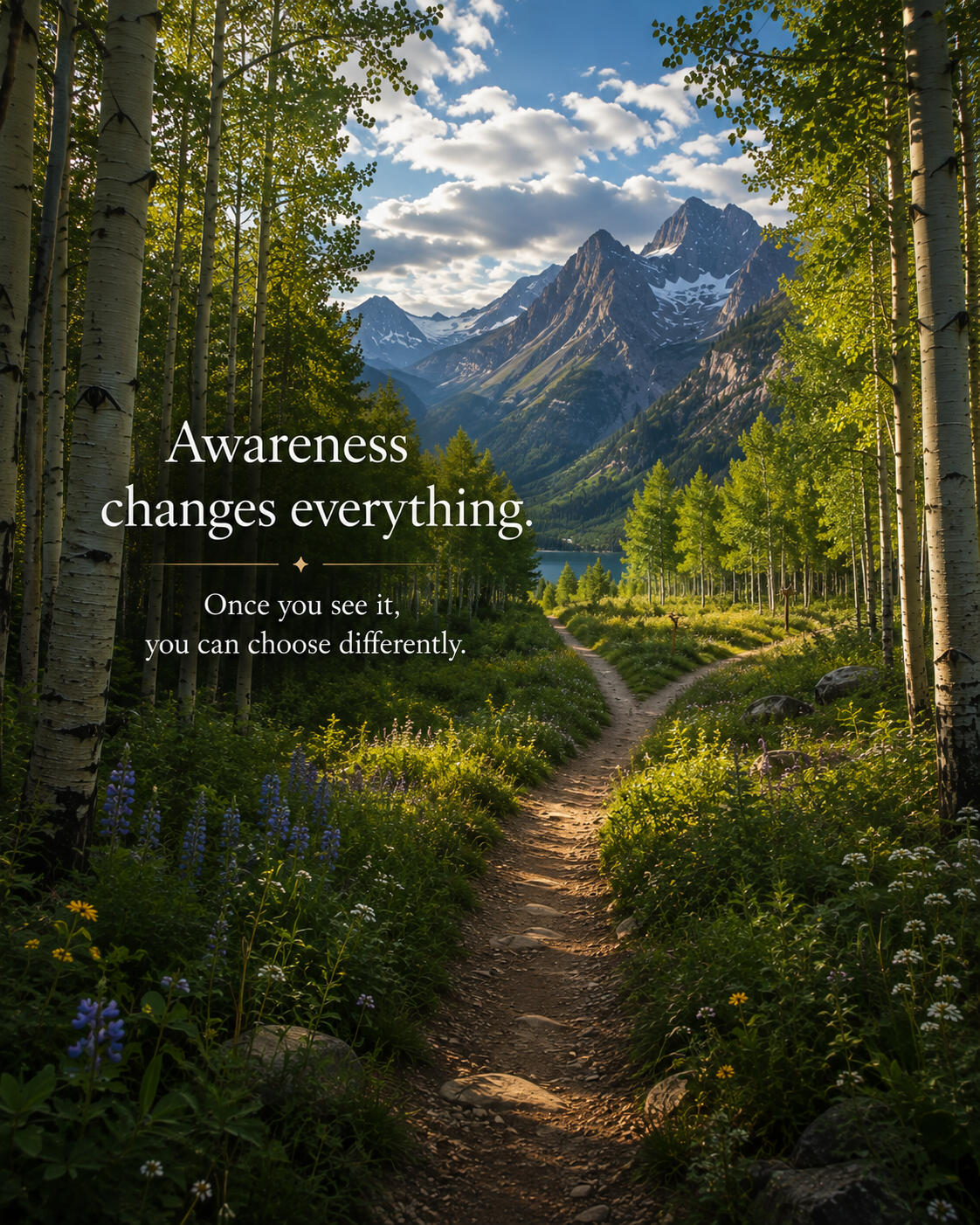 A forest path leads toward mountains. Text reads: “Awareness changes everything. Once you see it, you can choose differently.”